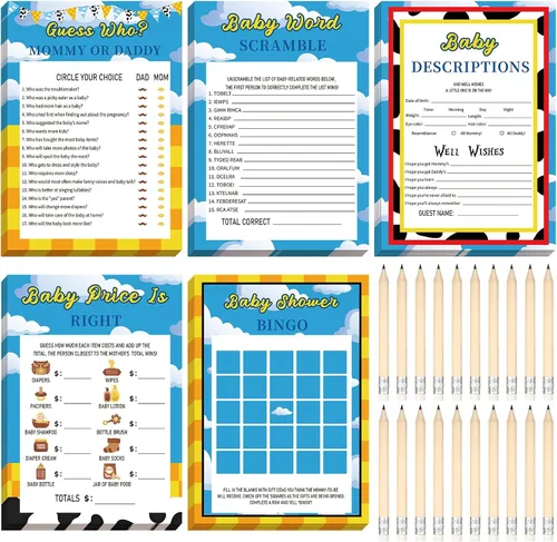 Vista 26 de Yinder 145 tarjetas de actividades para juegos de baby shower con 20 lápices, incluye descripción de bingo para bebés y deseos, adivina quién es