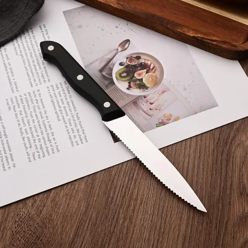 Vista 4 de Juego de cubiertos con mango de madera, 24 piezas (4 juegos), juego de cubiertos con cuchillos para carne, vajilla de acero inoxidable 304 de lujo