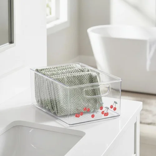 Vista 2 de iDesign Organizador de baño, impresión decorativa, cesta de almacenamiento de plástico apilable para maquillaje y organización de tocador