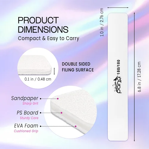 Vista 3 de PANA Lima de uñas Emery Jumbo de doble cara para manicura, pedicura, uñas naturales y acrílicas, color blanco (grano 180/180), paquete de 50