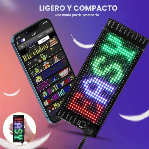 Vista 4 de Rayhome Mini letrero LED para automóvil, 6.7 x 2.76 pulgadas, panel de matriz LED flexible, USB 5 V, control de aplicación Bluetooth, letrero LED