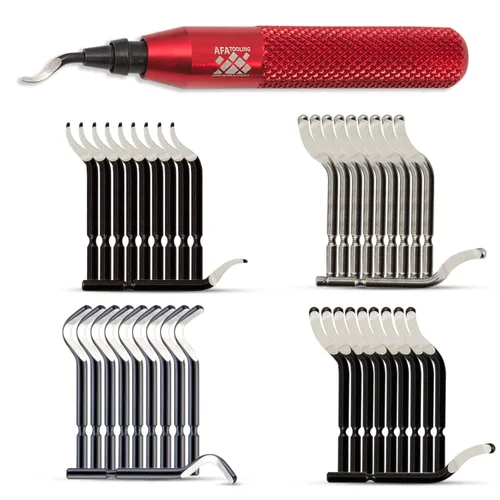 Vista 24 de AFA Tooling - Herramienta de desbarbado con 11 cuchillas HSS M2 - Mango de aluminio micropulido y anodizado con agarre moleteado de diamante - Ideal