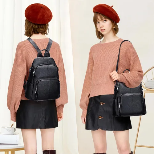 Vista 3 de ALTOSY Mochila de cuero suave para mujer, mochila versátil, Negro
