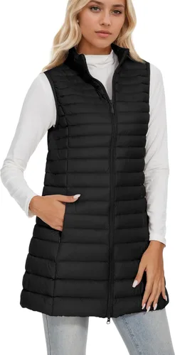 Vista 3 de ELFJOY Chaleco largo acolchado para mujer, chaleco de plumón largo ultraligero con cuello alto, chalecos negros para mujer, ropa de abrigo