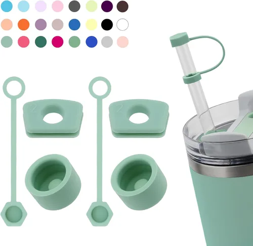 Vista 14 de Juego de tapones antiderrame de silicona compatible con taza Stanley Cup 2.0 de 30oz y 40oz con cubierta para pajita (Juego de 2, Rosa Almendra)