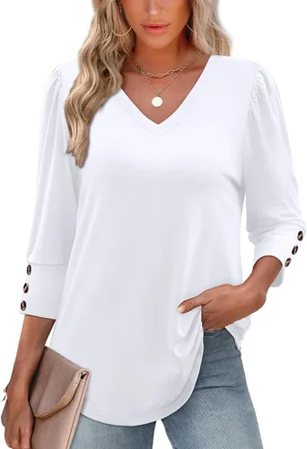 Vista 2 de XIEERDUO - Blusas de manga 3/4 para mujer, cuello en V, con botones, estilo A-blanco