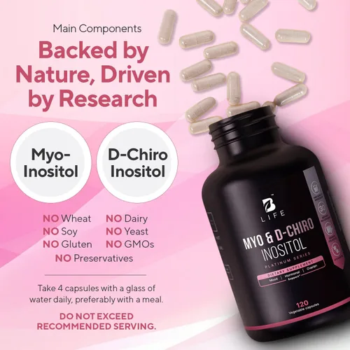 Vista 4 de B Life Company Myo-inositol y D-Chiro Inositol 40:1 para mujeres Suplemento de inositol para mujeres Equilibrio hormonal, fertilidad y ciclo