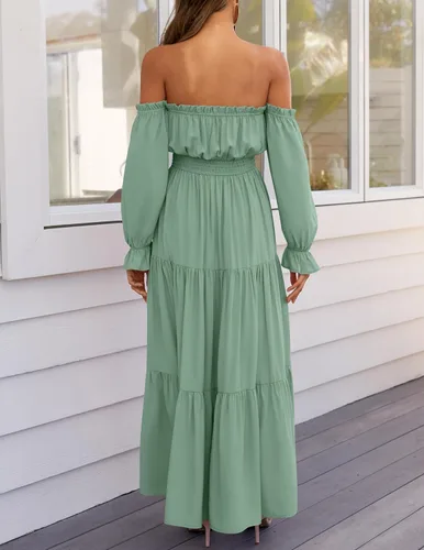 Vista 91 de ZESICA - Vestido largo, bohemio y sexy, con hombros descubiertos y manga larga fruncida, con elástico fruncido, cintura alta y abertura lateral