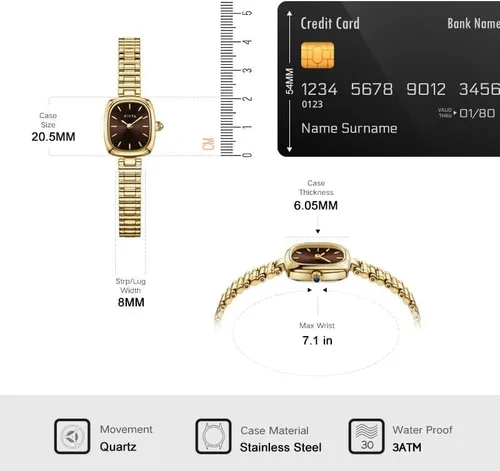 Vista 5 de FIYTA Reloj dorado pequeño para mujer, caja rectangular vintage, relojes de pulsera de acero inoxidable para mujer
