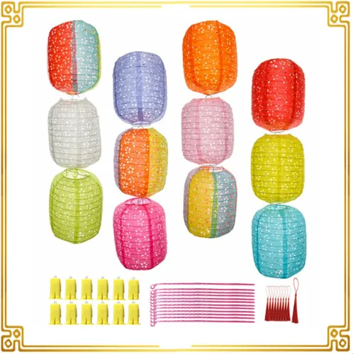 Vista 2 de 12 linternas de papel chinas, japonesas, coloridas linternas de papel colgantes con luces LED, 8 pulgadas, ovaladas, decorativas, asiáticas