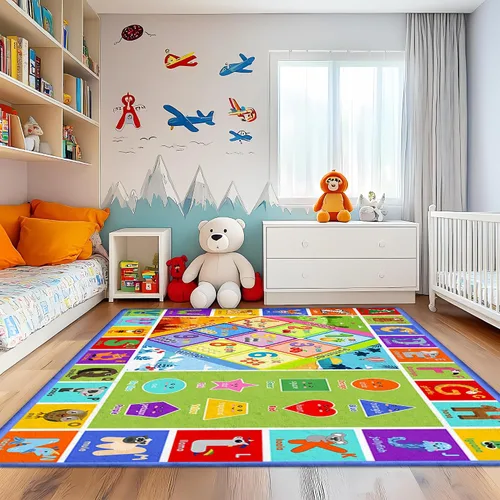 Vista 5 de 3x5 Pequeña Alfombra para Sala de Juegos y Aula de Niños - Alfombra Educativa del Alfabeto ABC con Animales, Números y Formas - Alfombra de Juguetes