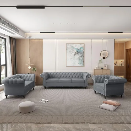 Vista 8 de QHITTY Sofá de Acento, Sofá Biplaza Chesterfield Moderno de Terciopelo, Sofá Tapizado con Respaldo Capitoné para Muebles de Sala de Estar (Gris)