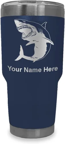 Vista 31 de LaserGram Vaso aislado al vacío de 20 onzas, gran tiburón blanco, grabado personalizado incluido (negro)