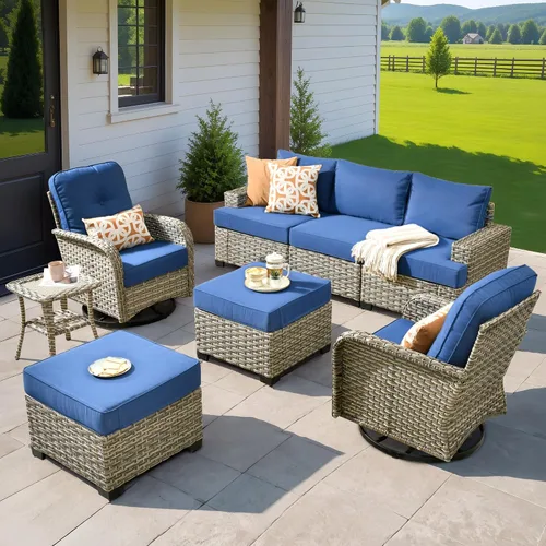 Vista 77 de HOOOWOOO Juego de Muebles Seccionales para Patio al Aire Libre, 6 Piezas Juegos de Conversación de Mimbre Sofá en Forma de L, Sofá Extra Profundo