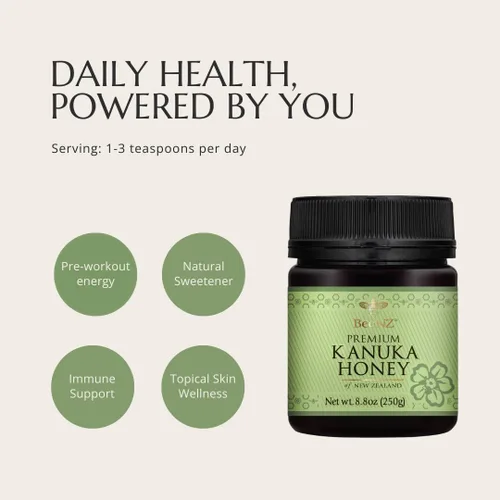 Vista 4 de BeeNZ Miel Kānuka cruda – Miel Kānuka monofloral pura de Nueva Zelanda, edulcorante natural y superalimento para el bienestar, cuidado de la piel