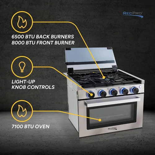 Vista 5 de Estufa RecPro RV Negra Rango de gas de 17" de alto Tres quemadores de 6500 y 8000 BTU Horno de 7100 BTU con capacidad de 1.24 pies cúbicos