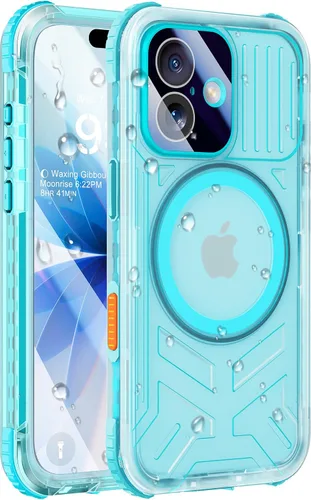 Vista 29 de Funda impermeable para iPhone 15 con Magsafe, protector de pantalla, cordón, IP68 militar de cuerpo completo a prueba de golpes, para deportes Negro