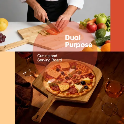 Vista 3 de Pala de pizza de bambú de 16 pulgadas, tabla grande de 16 pulgadas con mango largo, borde biselado fácil de deslizar para hornear, transferir