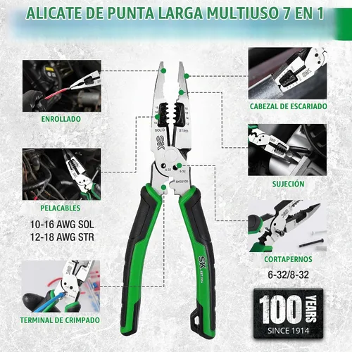Vista 3 de SK Alicates de punta larga multiusos de 8 pulgadas, alicates de punta de aguja, 7 en 1