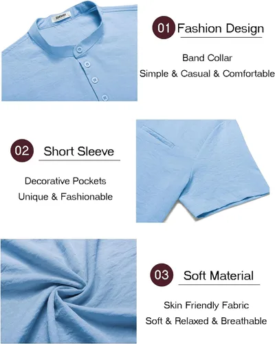 Vista 4 de COOFANDY Conjunto de 2 piezas de lino para hombre, camiseta Henley de manga corta y pantalones cortos de verano para la playa y yoga, Azulclaro