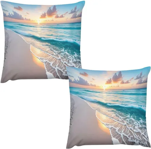 Vista 11 de Juego de 2 fundas de almohada con diseño escénico del océano tropical, fundas de almohada para sofá, fundas de almohada de poliéster para sofá