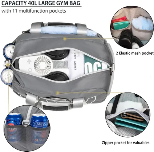 Vista 3 de Bolsa de gimnasio deportiva con bolsillo para ropa húmeda y compartimento para zapatos para mujeres y hombres, pequeña bolsa deportiva para yoga