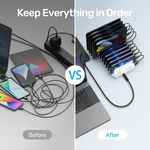Vista 4 de Unitek Estación de carga múltiple, cargador USB de 10 puertos para múltiples dispositivos con tecnología SmartIC y divisores ajustables, soporte