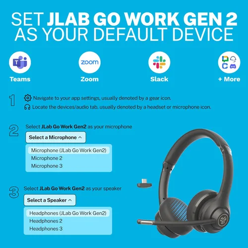 Vista 2 de JLab Go Work Gen 2 - Auriculares inalámbricos con micrófono, auriculares Bluetooth para PC con más de 55 horas de reproducción y conexión multipunto