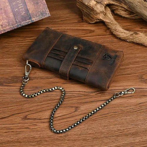 Vista 11 de Genuino Caballo Loco Cuero Regalo de Viaje Moneda Bolsillo Tarjetero Organizador Largo Cadena Rfid Cartera Monedero Con Broche Para Hombres Hombres
