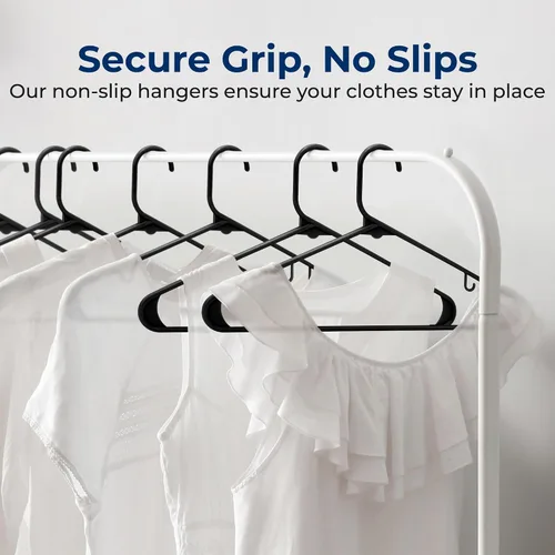 Vista 3 de SereneLife - Juego de 10 perchas de plástico con gancho de metal, color negro Non-Slip, Lightweight hangers with a slim profile help keep closets