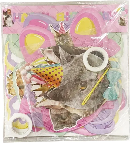Vista 5 de TSJ Cartel de feliz cumpleaños de gato, pancarta de caras de gato, guirnalda de banderines de gato para fiesta de cumpleaños temática de gatito