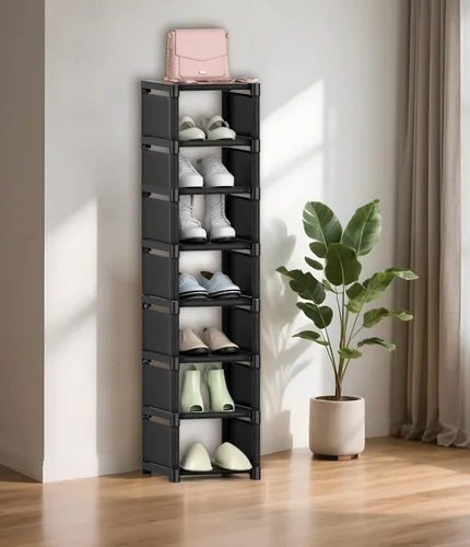 Vista 7 de Organizador de zapatos de 8 niveles, almacenamiento vertical estrecho que ahorra espacio, estante de esquina de pie libre de metal para armario