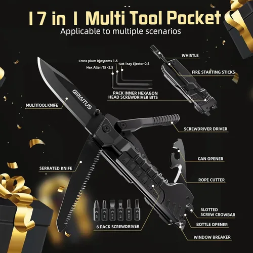 Vista 3 de Regalos de multiherramienta para hombres, rellenos de calcetines de Navidad para papá de hija e hijo, cuchillo multiherramienta 17 en 1 EDC,