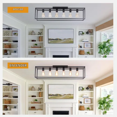 Vista 4 de Garwarm Lámpara de techo rectangular de montaje empotrado de 6 luces, lámpara de araña negra enjaulada de metal de 38 pulgadas, lámpara de techo