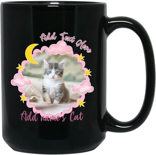 Vista 10 de Taza de cerámica negra personalizada para elegir nombre y foto con texto en inglés "Best Cat Dad Ever Just Ask", taza de café personalizada de 11