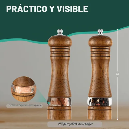 Vista 3 de Juego de Molinillo de Sal y Pimienta de 2 Piezas, Molinillos de Sal y Pimienta de Madera de 6.5 Pulgadas con Grosor Ajustable, Molinillo de Pimienta
