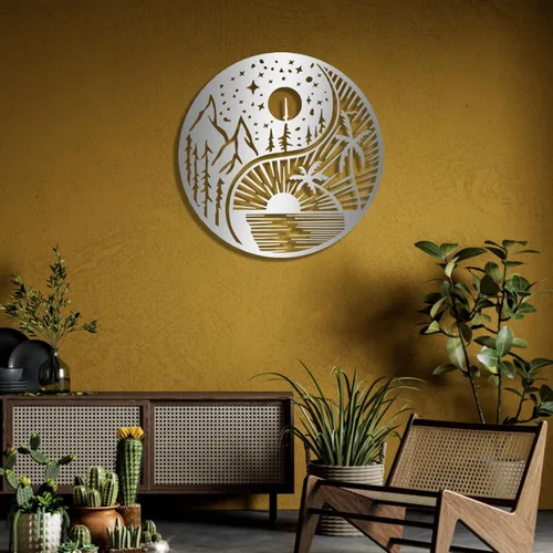 Vista 2 de Ying Yang Sun and Moon Metal, decoración de pared de metal Yin Yang, Sun Moon Metal, decoración de pared de metal, sol y luna, arte de pared