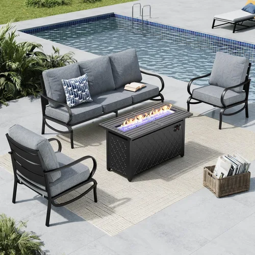 Vista 46 de MFSTUDIO Juego de 4 piezas de conversación para patio, marco de metal para todo tipo de clima, muebles de exterior con 1 mesa rectangular de propano