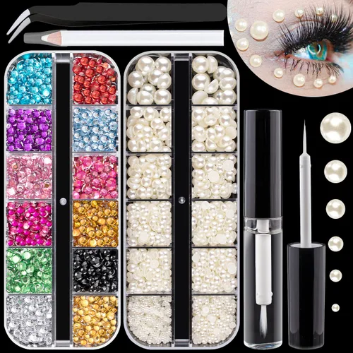 Vista 9 de Kit de diamantes de imitación y perlas con parte trasera plana, cristal redondo AB y gemas blancas transparentes+perlas blancas y beige