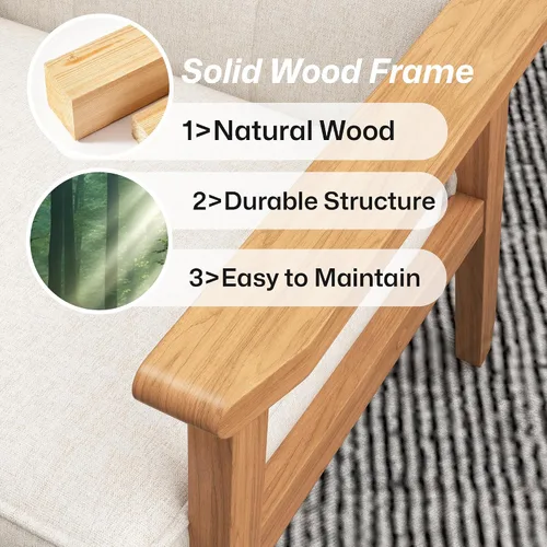 Vista 7 de Silla decorativa moderna con reposabrazos, silla de ocio tapizada de tela de lino con botón de respaldo y marco de madera para sala de estar, Beige