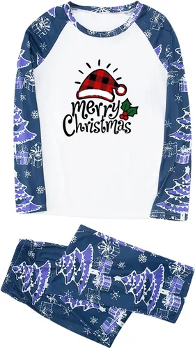 Vista 3 de Pijamas de Navidad azules y blancas para la familia, conjuntos de pijamas familiares a juego de Navidad 2022, pijamas de Navidad a cuadros de búfalo