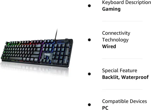 Vista 10 de Teclado para juegos, teclado de membrana con cable de 105 teclas, teclado retroiluminado LED arcoíris, diseño de tecla flotante, panel de aleación