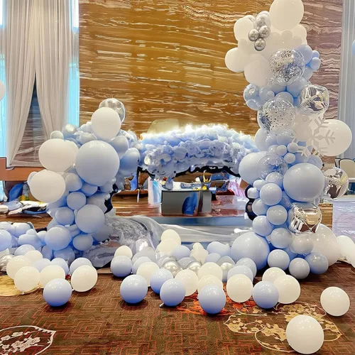 Vista 6 de Jobkoo Kit de arco de globos azul y blanco, guirnalda de globos de aluminio plateado 4D, globos de látex azul claro y plateado, globos de látex