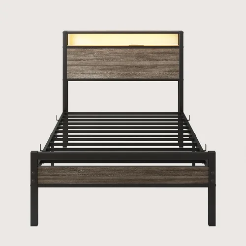 Vista 9 de BOFENG Base de cama individual con cabecera de madera y estación de carga USB, plataforma de metal resistente, marco de cama individual LED