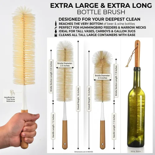 Vista 2 de ALINK Juego de cepillos largos extra grandes para botellas – Limpiador de botellas con mango de bambú de 16/15 pulgadas de largo para botellas
