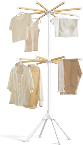 Vista 7 de SONGMICS Estante de secado de ropa, con varillas de bambú para colgar, estante de lavandería plegable de metal, ahorro de espacio, aireador