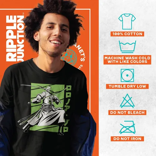 Vista 4 de Ripple Junction Camisa de anime Zoro de una pieza camiseta gráfica de manga corta para hombres y mujeres con licencia oficial forro polar verde