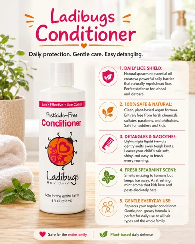Vista 3 de LADIBUGS Lice Prevention Conditioner - Daily Mint Lice Defense 8oz Daily Hair Defense for Kids & School, Natural Essential Oils, Sulfate-Free