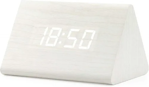 Vista 10 de Moderno reloj despertador con indicador de temperatura y calendario con diseño triangular de madera con luces led. Gearonic TM.
