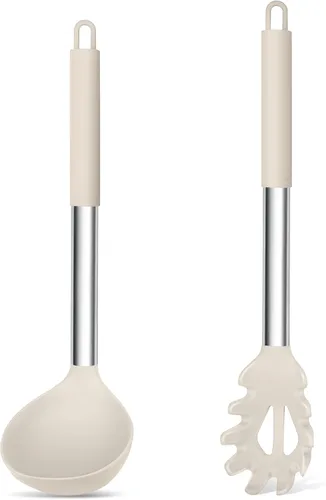 Vista 8 de TeamFar Juego de 2 cucharones de sopa y pasta de silicona con mango de acero inoxidable, color negro